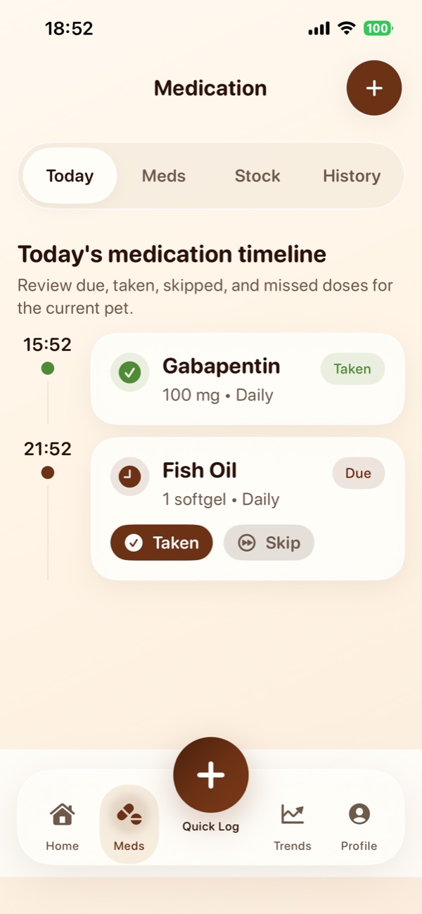 GreyMuzzle medication timeline with due and taken doses
